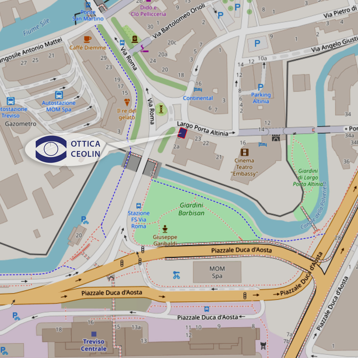 Ottica Ceolin - mappa del circondario, zona Treviso sud / stazioni ferroviaria e bus